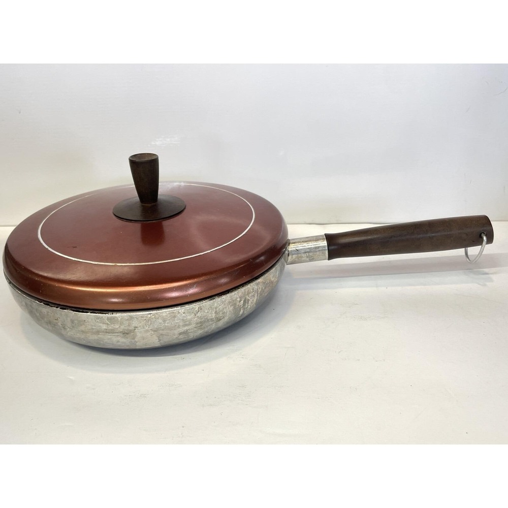 Wear-Ever Aluminum Saute Skillet Copper Lid Non-Stick Wood Handle‎ USA